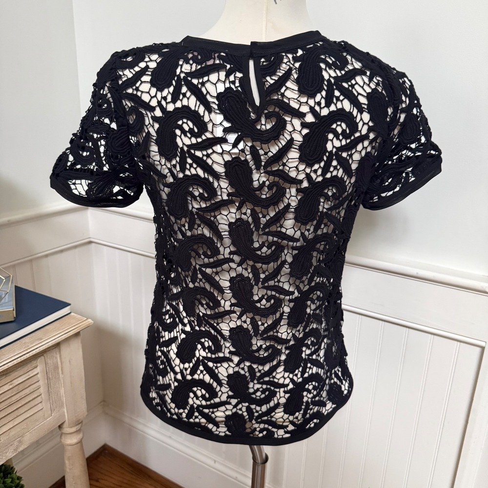 NWT‎ LOFT Womens Black Paisley Guipure Lace Short Sleeve Top XS
